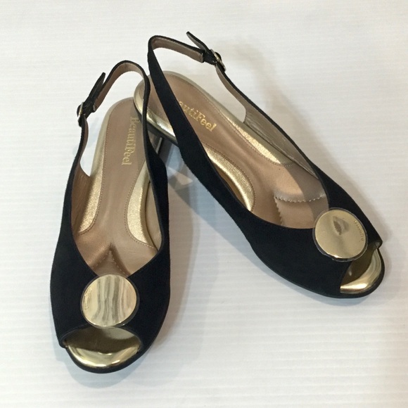 BEAUTIFEEL Demi Black Suede Slingback Flats Gold 6 - Picture 5 of 13